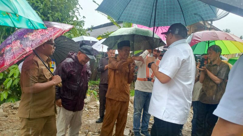Wakil Bupati Pesisir Selatan Risnaldi Ibrahim saat mendampingi Anggota DPR RI Andre Rosiade saat meninjau pembangunan jembatan gantung di Limau Gadang Lumpo pada awal Februari 2026 lalu